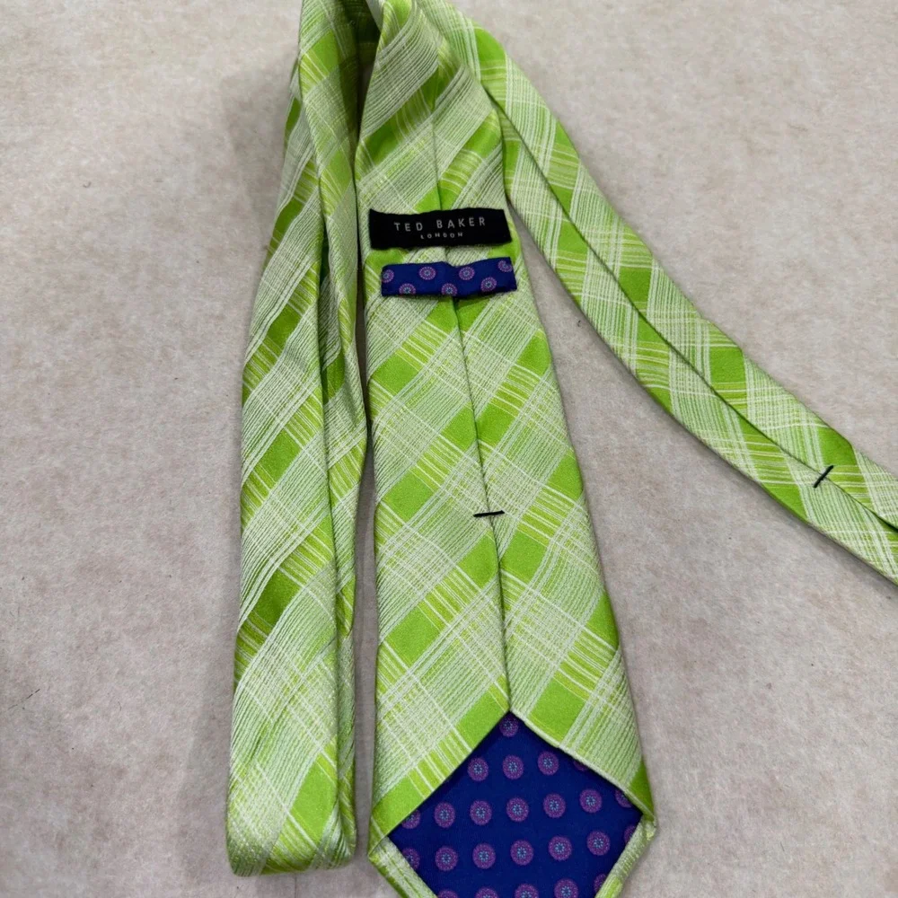 Ted Baker‎ London Mens Lime Green White Plaid Silk Necktie Made in USA 60